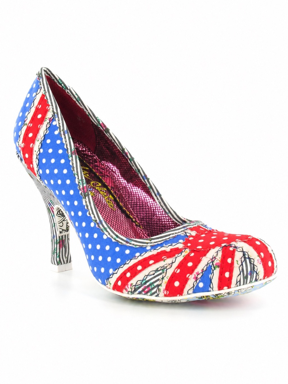 Irregular Choice Royal Blue Polka Dot Pumps with Red Patchwork Trim Union Jack